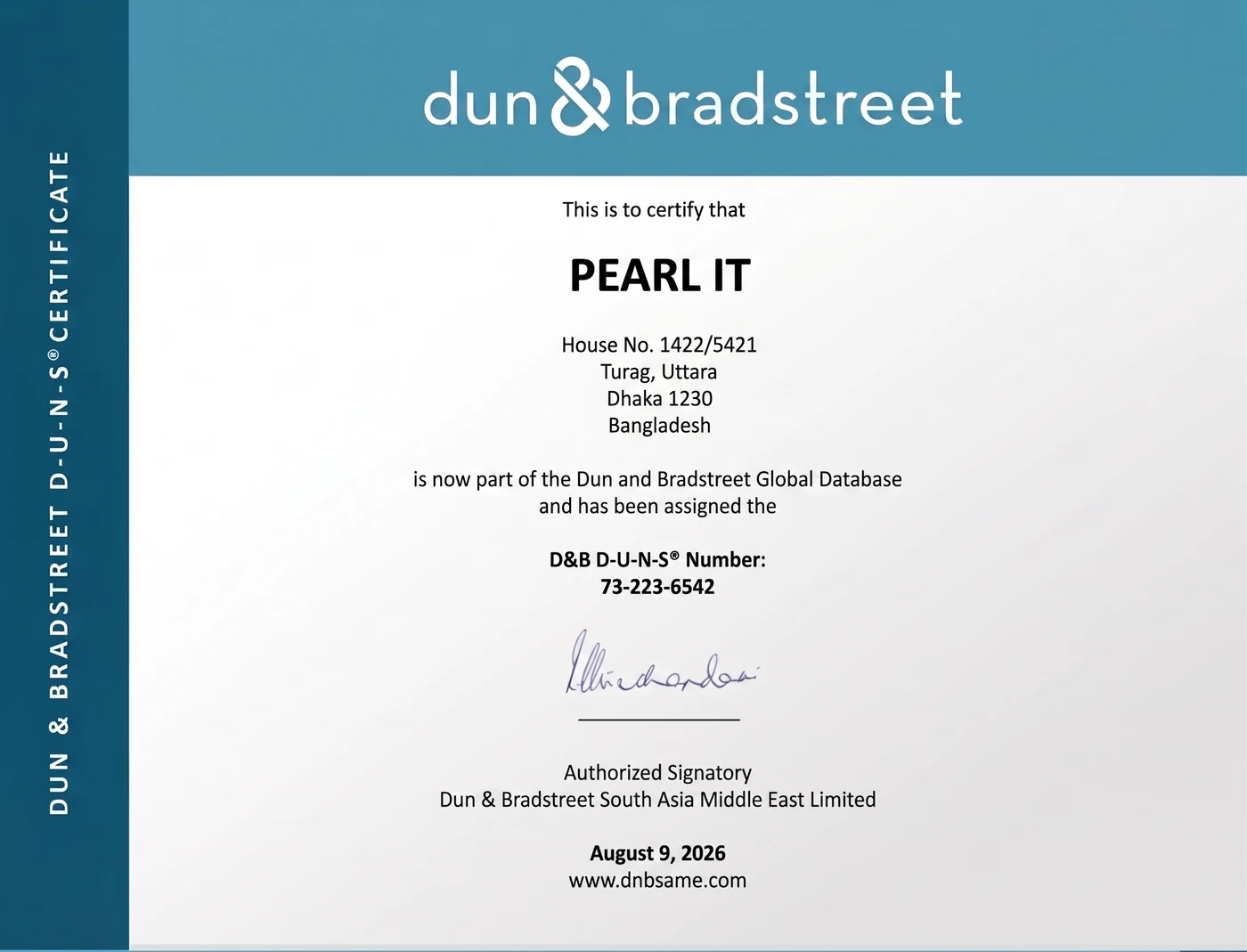 Dun & Bradstreet D-U-N-S® Certificate - Pearl IT
